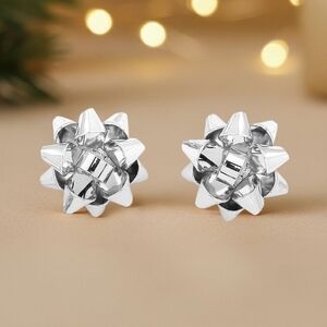 Silver Christmas Gift Bow Ribbon Stud Earrings Cute Fashion Jewelry Accessories